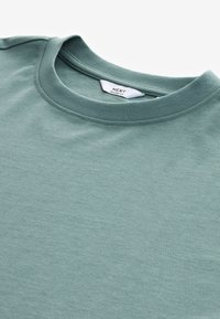 Hellgrünes Baumwoll-T-Shirt mit Rundhalsausschnitt in entspannter Passform, mit weicher Textur und dezentem Stretch. Etikett am Hals sichtbar.