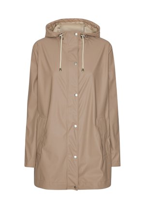 Chaqueta de lluvia beige hecha de material impermeable, con capucha, cordones, botones a presión y bolsillos laterales. Textura suave, diseño de longitud intermedia.