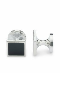 Silver cufflinks med en kvadratisk design som har en svart emalj i mitten och en polerad metallisk finish. Texturerade detaljer ger djup.