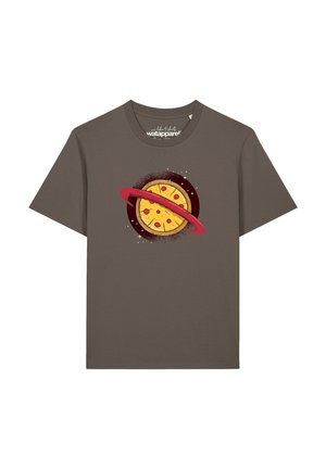 Brown T-shirt with a graphic of a pizza designed as a planet with a red ring and small white stars around it.