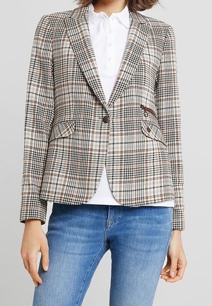 Checked blazer in light beige with brown and black patterns, featuring a single button closure, dual front pockets, and a tailored fit.