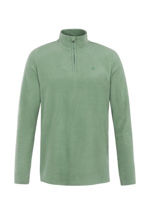 Grøn fleece-pullover med en kvart-zip krave, lange ærmer og et lille logo på brystet. Blød tekstur og enkelt design.