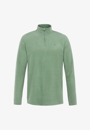 Grøn fleece-pullover med en kvart-zip krave, lange ærmer og et lille logo på brystet. Blød tekstur og enkelt design.