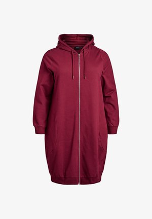 Bordeaux zip-up huvtröja klänning med stora sidofickor, dragsko huva och ribbade manschetter. Tillverkad av mjukt, hållbart tyg.
