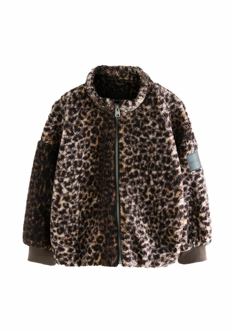 Leopard-Muster, Kunstpelzjacke mit Reißverschluss, hohem Kragen und gerippten Bündchen. Verfügt über ein schwarzes Logo-Patch am Ärmel.