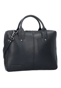 Zwarte leren tote bag met dubbele handvatten aan de bovenkant, een afneembare schouderriem en een ritssluiting. Heeft subtiele stiksels en accenten van zilver hardware.