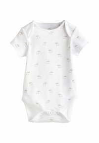Body a maniche corte bianco in cotone con una consistenza morbida, decorato da una fantasia ripetuta di piccole pecore in tonalità beige chiaro e grigio.