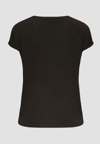 Schwarzes Kurzarm-T-Shirt mit rundem Halsausschnitt. Aus glattem Stoff gefertigt. Nahtloser Saum am unteren Ende. Einfaches und minimalistisches Design.