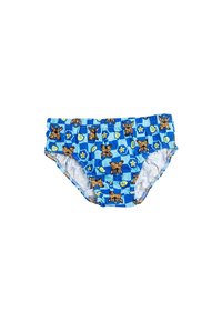 Costumi da bagno slip realizzati in tessuto con un motivo a scacchi blu, arricchiti da cani cartoon e stelle; cintura elastica, texture morbida.