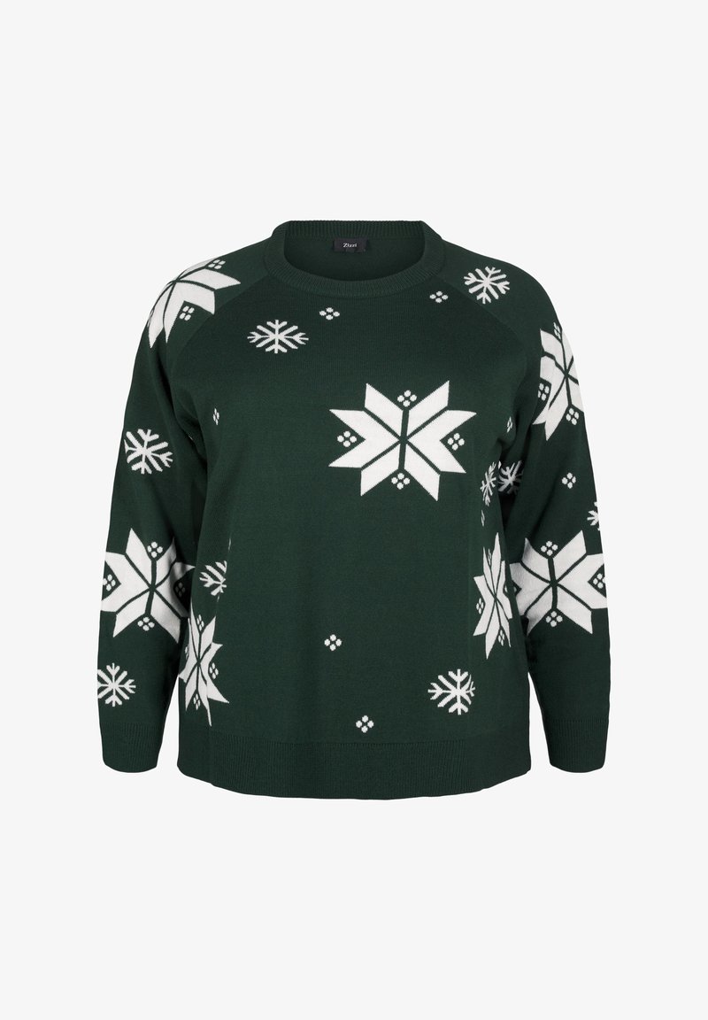 Žalias megztinis su baltomis snaigėmis, apvaliu kaklu ir ilgomis rankovėmis. Minkšta tekstūra su raukinėtu apačia ir rankogaliais.