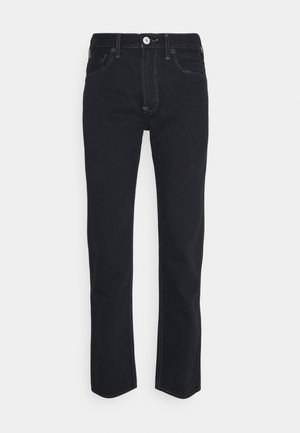 Jean noir droit avec poches avant, passants pour ceinture et fermeture par bouton et glissière, présenté sur fond blanc.