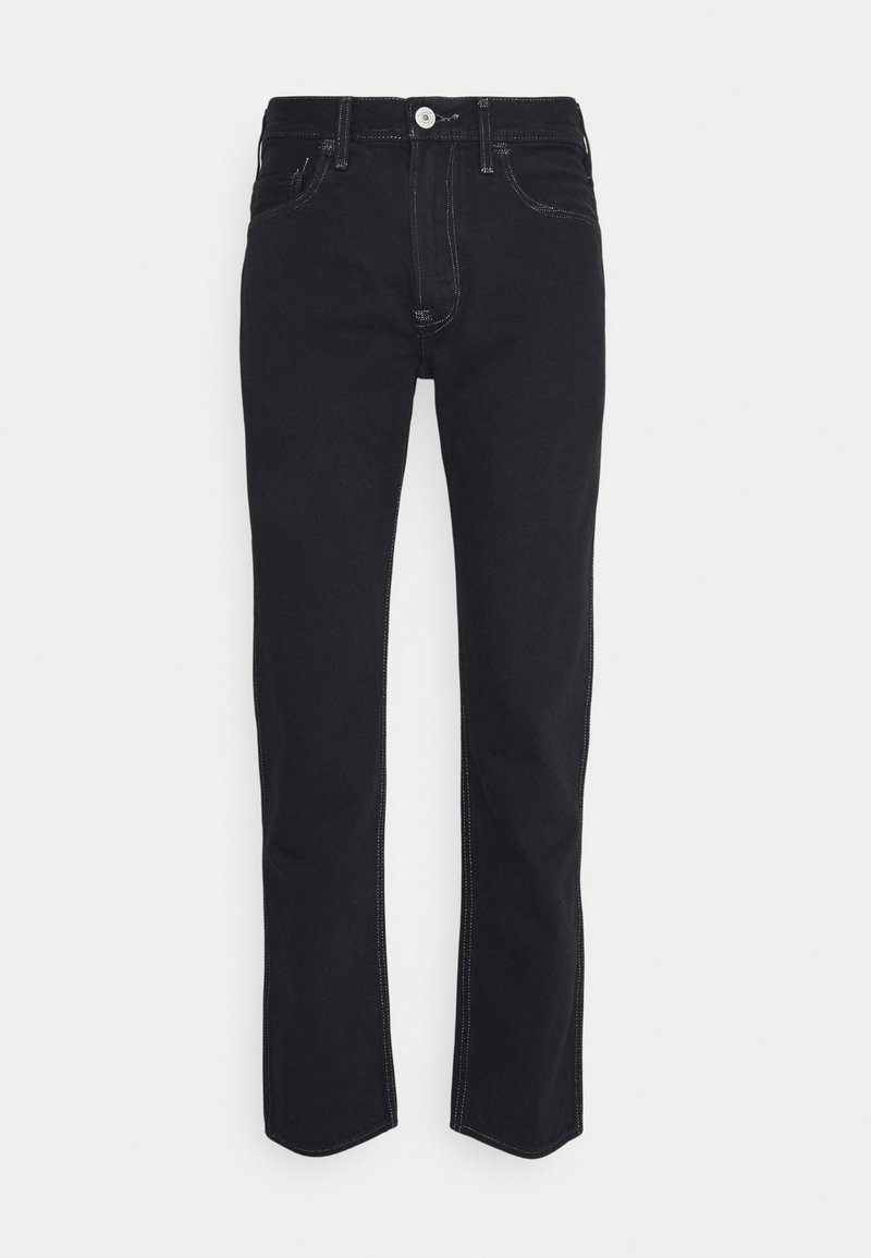 Jean noir droit avec poches avant, passants pour ceinture et fermeture par bouton et glissière, présenté sur fond blanc.
