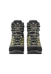 Wanderschuhe mit einem grauen und schwarzen Design, verziert mit gelben Akzenten, aus strapazierfähigem Leder und Gummi, und mit hohem Knöchelschutz für zusätzliche Unterstützung.