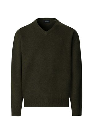 V-Ausschnitt Pullover in dunklem Olivgrün, aus weichem Strickmaterial. Mit gerippten Bündchen und Saum, zusätzlich mit einem kleinen Logo-Detail auf der Brust.