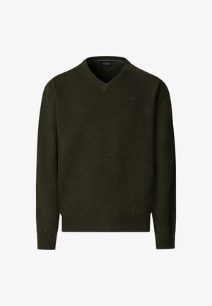 Jersey de cuello en V en verde oliva oscuro, hecho de un material de punto suave. Presenta puños y dobladillo acanalados, con un pequeño detalle de logo en el pecho.