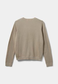 Bēšas adītas džemperis ar ģeometrisku rakstu, apaļu kakla izgriezumu un ribotas piedurknes un apakšmalu. Viegls audums, piemērots slāņošanai.