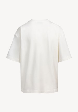 Effen witte oversized T-shirt met korte mouwen, weergegeven vanaf de achterkant, met een ronde halslijn en zonder zichtbare logo's of ontwerpen.