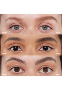 Drie paar ogen worden weergegeven in een voor-en-na formaat, waarbij verschillende oogvormen en kleuren worden benadrukt, met een egale huidtint en duidelijke wenkbrauwen.