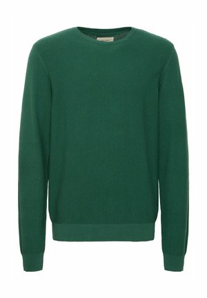 Groene gebreide trui met een ronde hals, lange mouwen, textuurstof en ribgebreide zoom en manchetten.