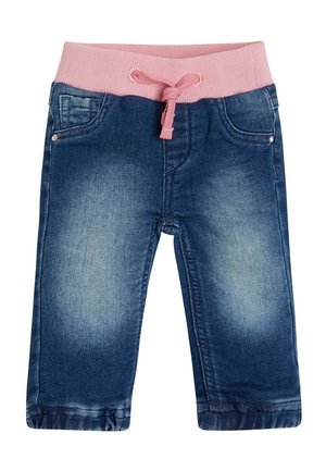 Dżinsy dla malucha z wyblakłym przodem, różową elastyczną talią i różowym sznurkiem do wiązania.
