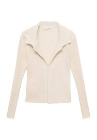 Jasnobeżowy prążkowany kardigan z długimi rękawami i złożonym kołnierzem. Posiada przedni zamek błyskawiczny i teksturowaną tkaninę. Minimalistyczne detale wzornicze.