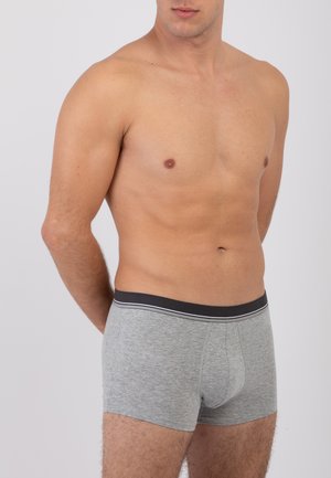 Boxer di cotone grigi con elastico nero e striscia bianca. Il tessuto è liscio ed elastico, progettato per il comfort.