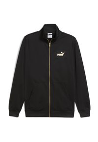 Giacca nera con zip in tessuto morbido, caratterizzata da un logo Puma dorato sul petto, due tasche frontali e polsini a coste.
