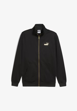 Musta vetoketjullinen takki, joka on valmistettu sileästä kankaasta. Takissa on kultainen Puma-logo rinnassa, kaksi etutaskua ja resorit hihansuissa.