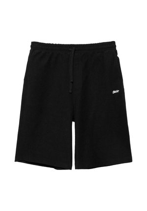 Pantaloni scurți casual negri cu talie elastică, șnur, buzunare laterale și un logo mic brodat alb pe coapsa dreaptă.