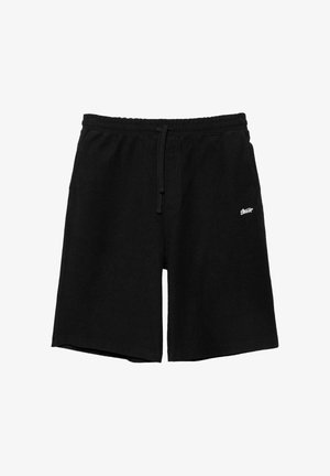 Pantaloni scurți casual negri cu talie elastică, șnur, buzunare laterale și un logo mic brodat alb pe coapsa dreaptă.