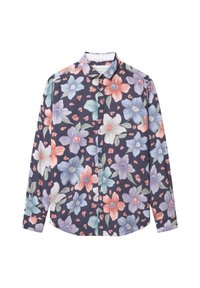 Blumen-Hemd mit Knopfleiste auf navy Hintergrund, versehen mit großen rosa, lila und blauen Blumen. Lange Ärmel und ein klassisches Kragendesign.