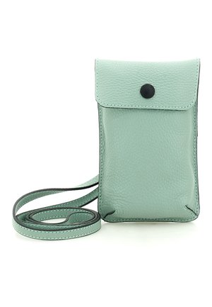 Piccola borsa a tracolla in pelle verde menta con patta e chiusura a bottone nero, tracolla sottile regolabile e superficie testurizzata.