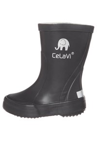 Zwarte rubberen regenlaars met een wit olifantenlogo, een gestructureerde zool voor grip en een gladde, waterdichte oppervlakte. Tot halverwege het been, eenvoudig ontwerp.