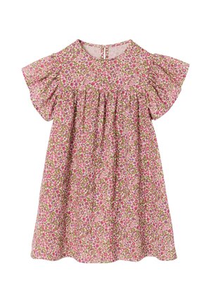 Mädchenkleid in Pink mit floralem Muster, kurzen volantsärmeln, geraffter Taille und einem Knopfverschluss mit Schlitz auf der Rückseite.