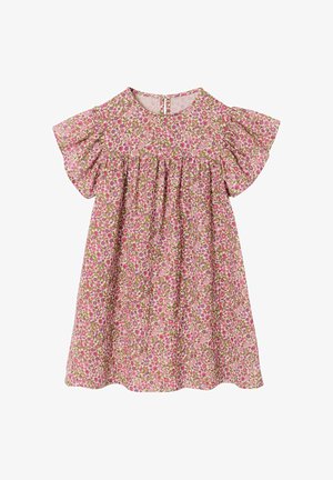 Girls' pink floral dress with short ruffled sleeves, gathered waist, and a keyhole button closure at the back.