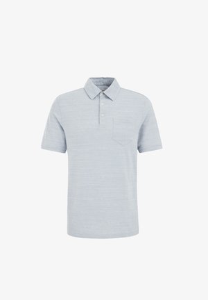 Lichtblauw polo shirt van zachte stof, met een kraag, een drieknoopsluiting en een enkele borstzak. Fijne gestreepte print.