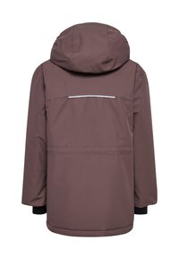 Brun isoleret jakke med hætte, refleksstribe og elastiske manchetter. Glat, tekstureret stof med lige snit og baglommer.