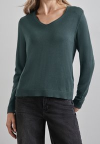 Mörkgrön V-halsad tröja i mjukt stickat material. Har långa ärmar och ribbad fåll, kombinerad med mörka jeans.