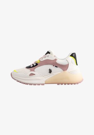 Athletic sneaker with a mix of white mesh and pink leather accents, black heel, neon yellow details, and a lightweight beige sole.
