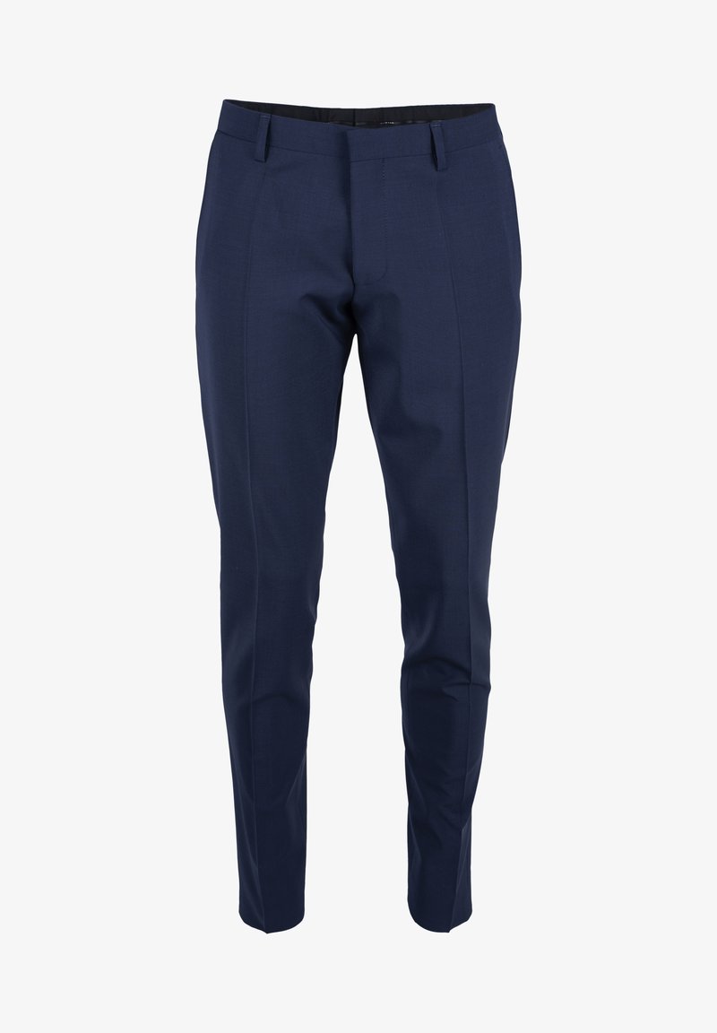 Navy tailored trousers made of smooth fabric; features belt loops, side pockets, and a slim fit for a modern silhouette.