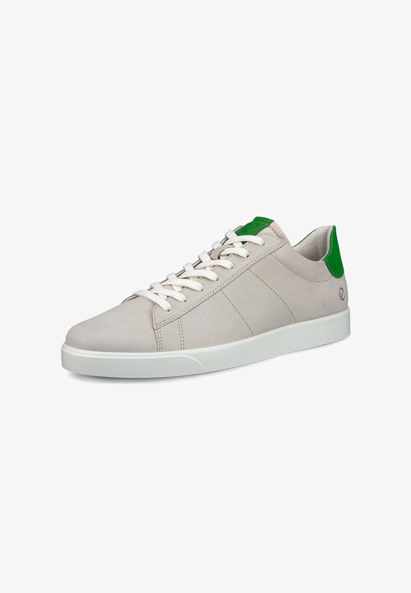 Light gray suede sneaker with green leather accent at the heel, white rubber sole, and flat laces. Subtle stitching detail on the sides.