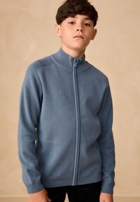 Lynlås-trøje i blødt blåstrik, med høj krave, ribbede ærmegab og en glat tekstur, designet med lynlås foran.