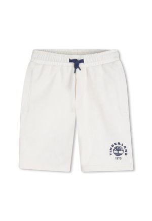 Shorts blancs décontractés avec ceinture élastique, cordon de serrage bleu marine, poches latérales, et logo Timberland bleu marine avec arbre et "1973" sur la jambe gauche.