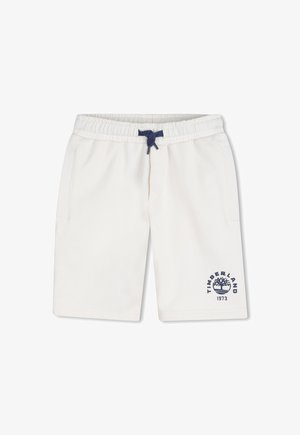 Shorts blancs décontractés avec ceinture élastique, cordon de serrage bleu marine, poches latérales, et logo Timberland bleu marine avec arbre et "1973" sur la jambe gauche.