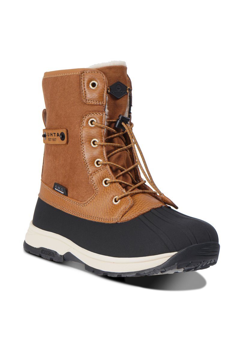 Braune Leder- und Wildleder-Winterstiefel mit wasserdichter Oberfläche, schwarzer Gummisohle, Schnürung vorne und einer weichen weißen Fütterung am oberen Rand.