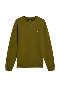 Felpa verde oliva realizzata in tessuto misto cotone, con collo a giro, polsini a costine e un logo giallo ricamato sul petto.