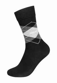 Calzino nero con motivo argyle in grigio e bianco. Materiale in cotone misto, bordo a coste e logo "JOOP!" stampato sul lato.