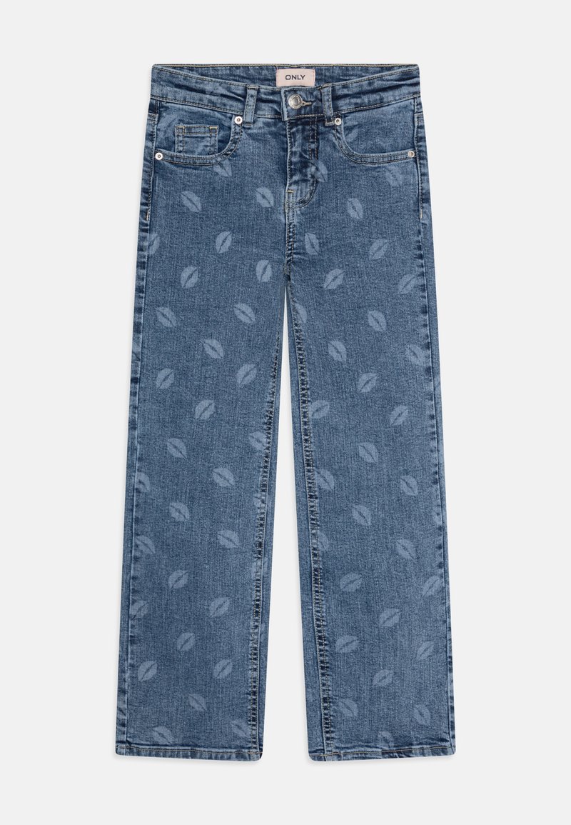 Blå denimjeans med rak ben-design, med ett subtilt läpptrycksmönster. Fem fickor och standard knappstängning.