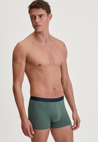 Groene katoenen boxershorts met een marineblauwe tailleband, met een strakke pasvorm en platte naden voor comfort. Minimalistisch ontwerp, geen zichtbare patronen.