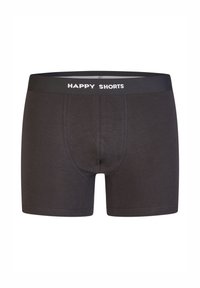 Ciemnoszare bokserki wykonane z miękkiego materiału, z szerokim czarnym paskiem w talii, na którym znajduje się napis "HAPPY SHORTS" w kolorze białym. Starannie obszyte krawędzie.